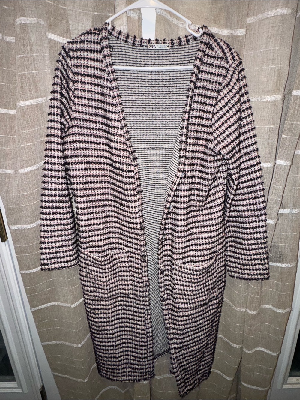 Zara Pink and Black Long Open-Front Knit Cardigan